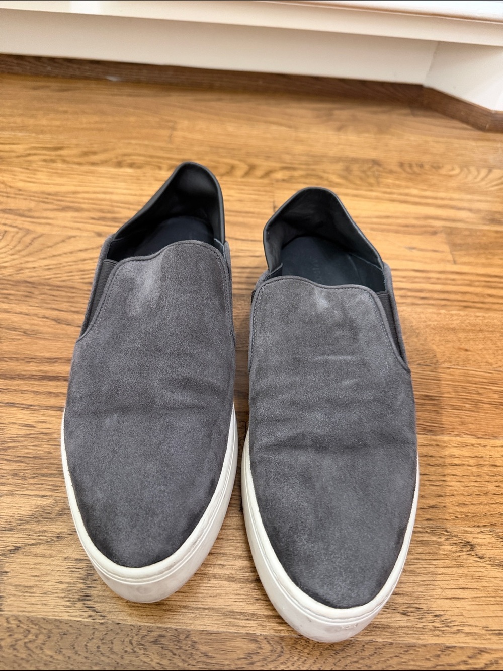 Vince Women's Slip-On Suede Sneakers with black leather back in Charcoal Gray